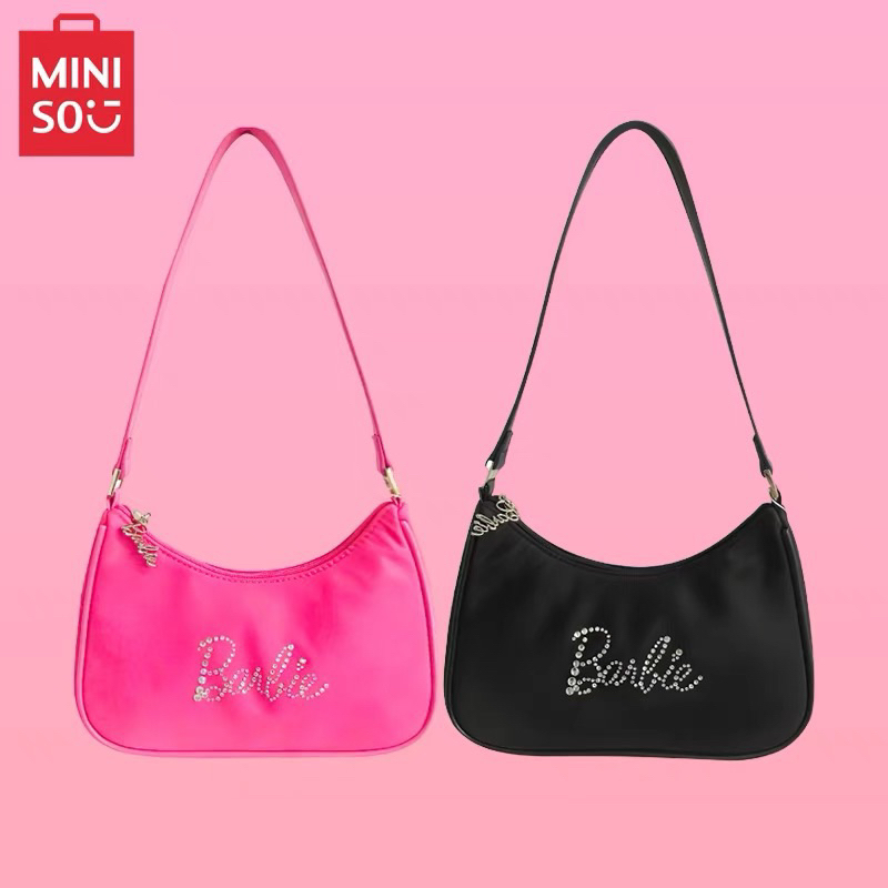 2023 Miniso Barbie Backpack PCV Girls Fashion Black Pink Letter