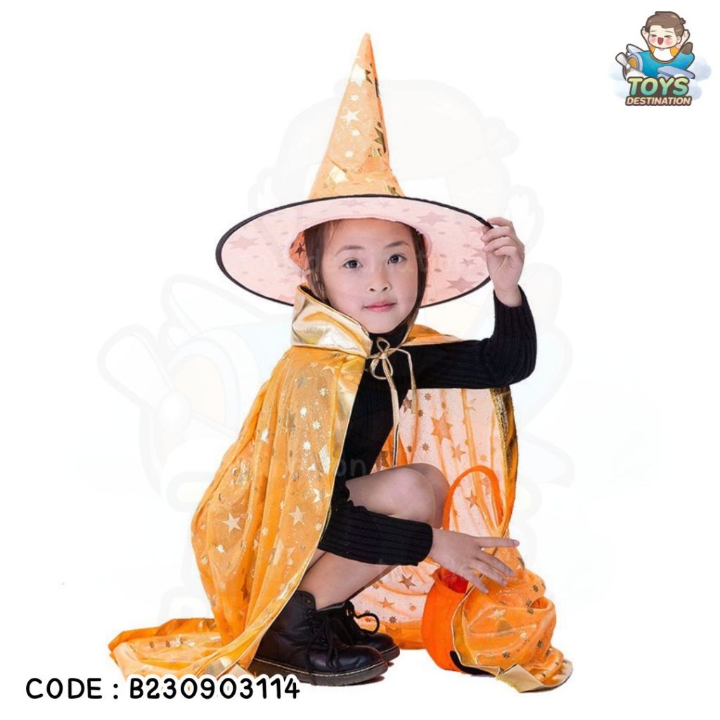 ✅พร้อมส่งในไทย✅ 👻 Halloween Party 🎃  เซตผ้าคลุม + หมวก แม่มด พ่อมด ลายดาว ชุดคอสตูม cosplay ฮาโลวีน เด็ก B230903114 - รูปที่ 2