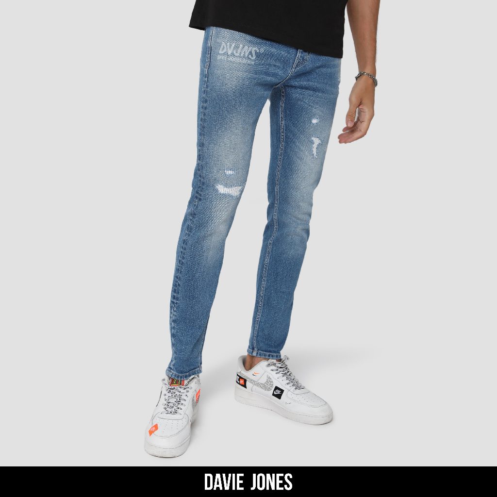 DAVIE JONES กางเกงยีนส์ Slim Fit Jeans CO0052 สีฟ้า ดำ