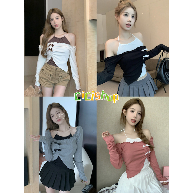 Cicishop(J769)SET 2 ชิ้น สายเดี่ยวผูกคอ+เสื้อคลุมแขนยาว ดีเทลโบว์ตะมุตะมิน่ารักจนใจเจ็บ