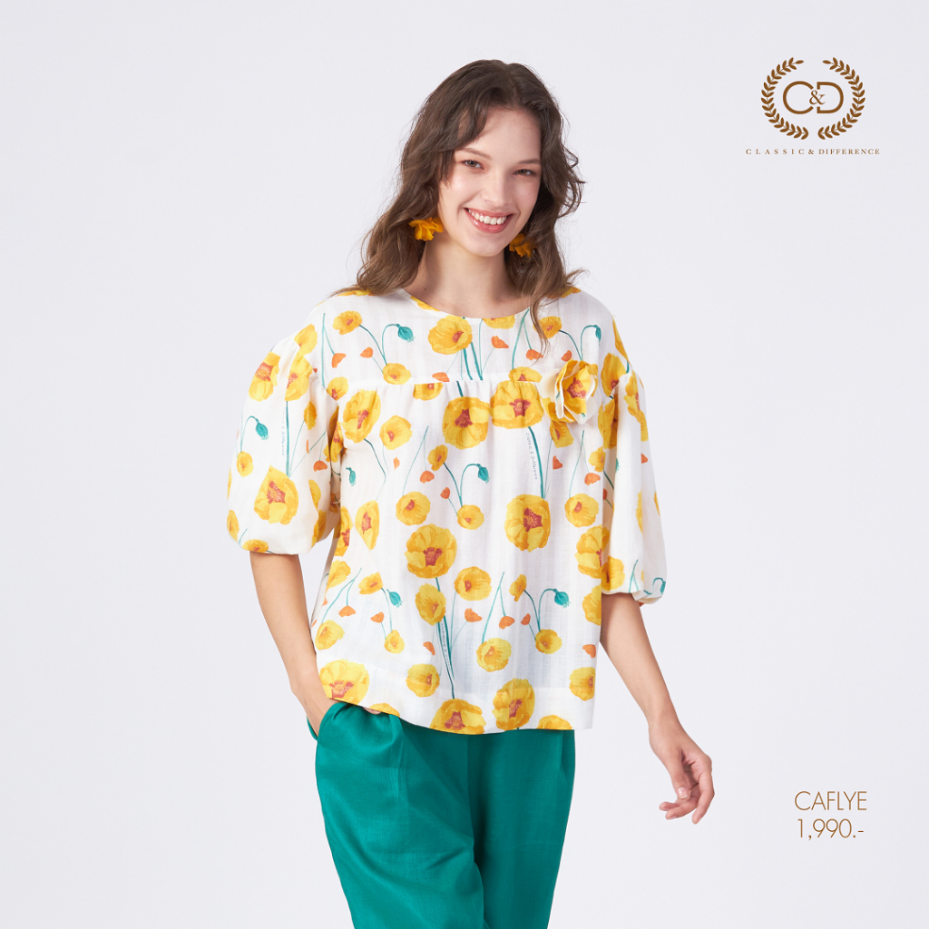 C&D Woman's blouse Honey Tsubaki เสื้อผู้หญิง คอกลม แขนพอง สีเหลือง CAFLYE