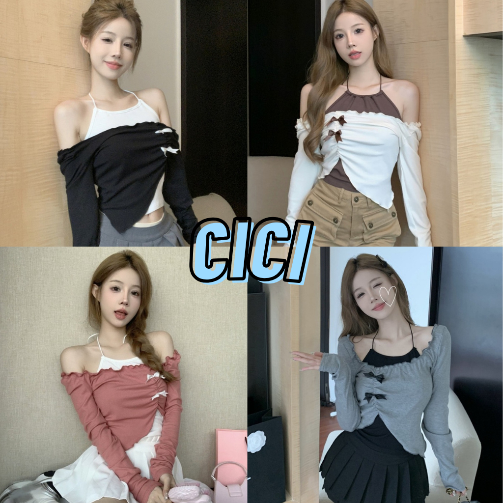ส่งทันที Cici(NO. J769)SET 2 ชิ้น สายเดี่ยวผูกคอ+เสื้อคลุมแขนยาว ดีเทลโบว์ตะมุตะมิน่ารักจนใจเจ็บ
