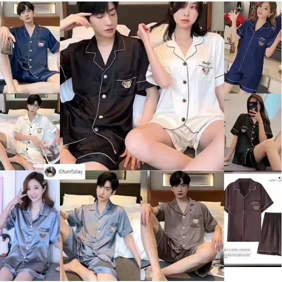 (ราคาถูกที่สุด)ชุดนอนสําหรับคู่รัก， ผ้าซาตินเนื้อนุ่มลื่น， ลายหมีน้อยน่ารัก， 5 สี， ขาสั้น+เสื้อ，M-3XL