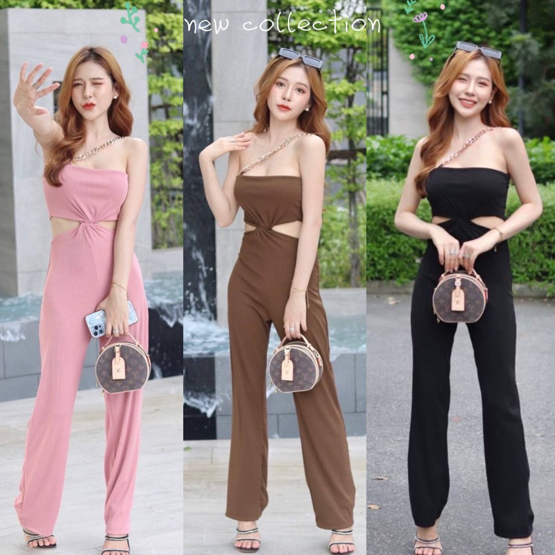 พร้อมส่ง 9 สี จั้มสูทขายาว ดีเทลแต่งโซ่ เว้าเอว ชุดจั้มสูทขายาว ชุดไปเที่ยว ชุดคริสต์มาส