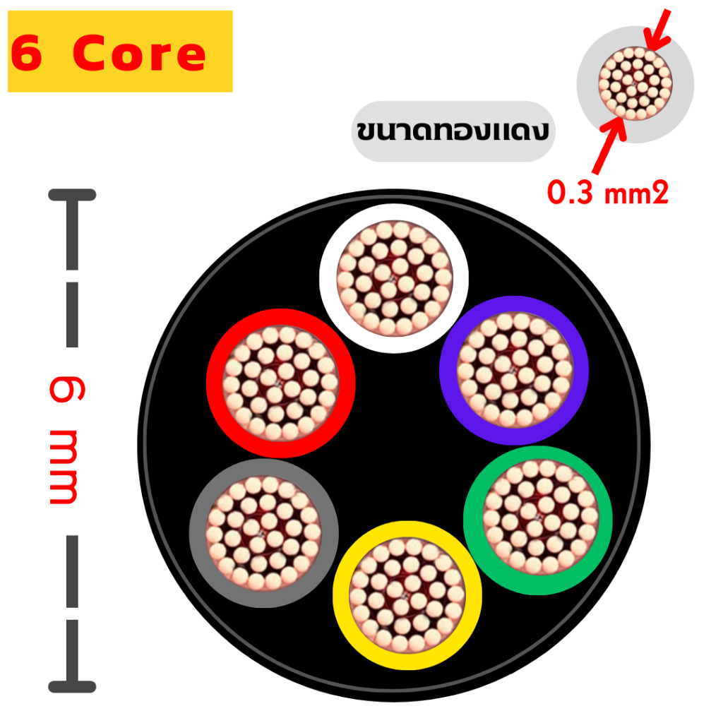 สายไฟ สายคอร์ 4-6-8 core ขนาดทองแดง 0.3 mm2 ความยาว 1 เมตร (RVV2)