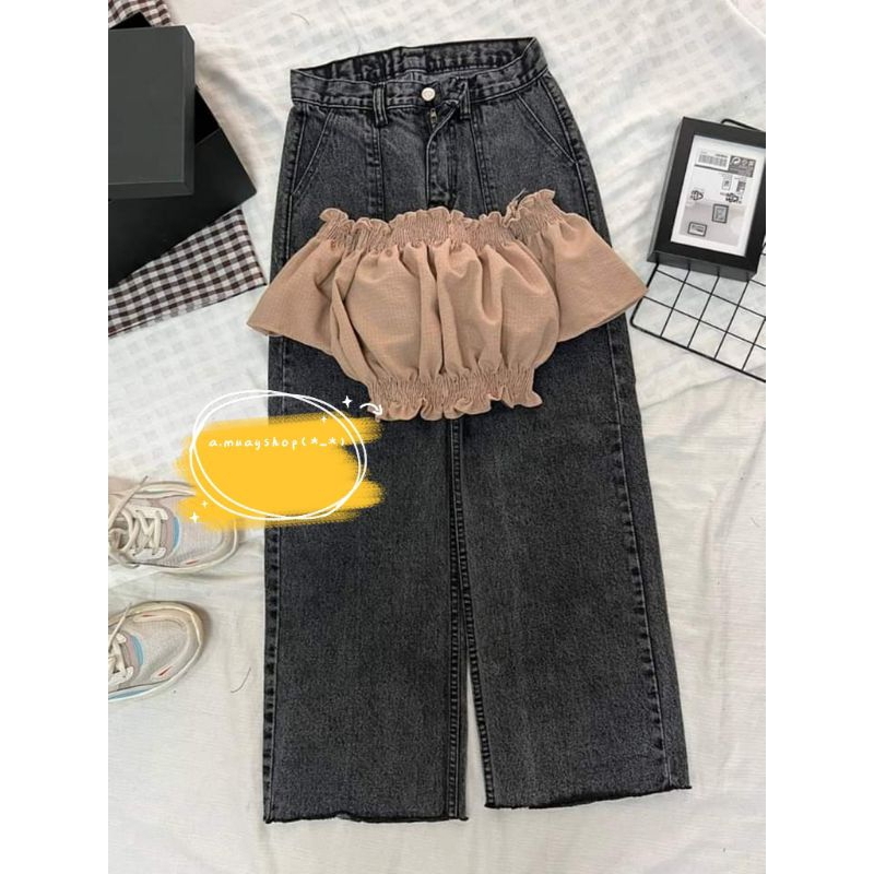 พร้อมส่ง ชุดเซต2ชิ้น เสื้อปาดไหล่+กางเกงยีนส์ ทรงสวย น่ารักมากก ตรงปกแน่นอน ครอปปาดไหล่ กางเกงยีนส์วินเทจ ราคา ถูกที่สุด ดีลบีเคเค แกลเลอรีภาพที่ 3