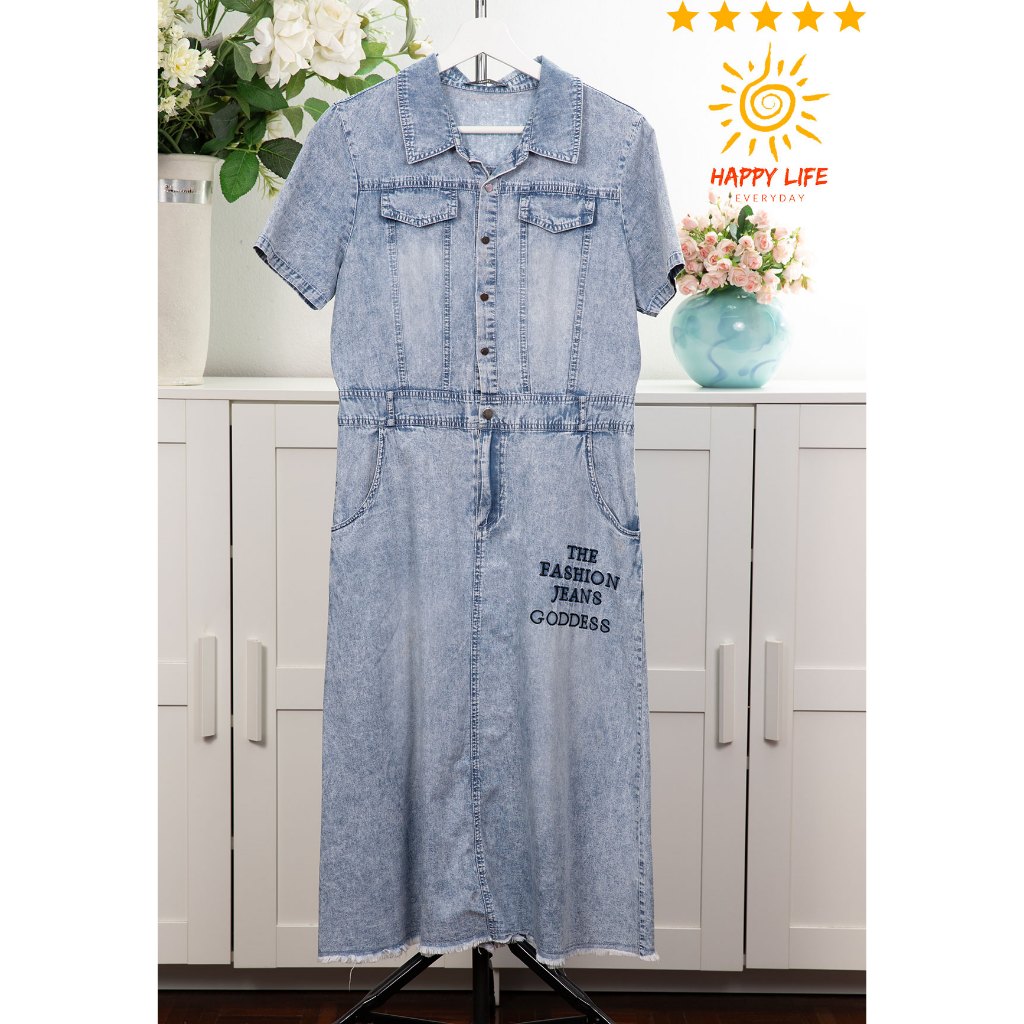 เดรสมือสอง dme คอปกแขนสั้น กระดุมหน้าซิปหน้า ผ้ายีนส์นุ่มๆคอตตอน ผ้าใส่สบายไม่ร้อน มีกระเป๋าข้างซ้าย