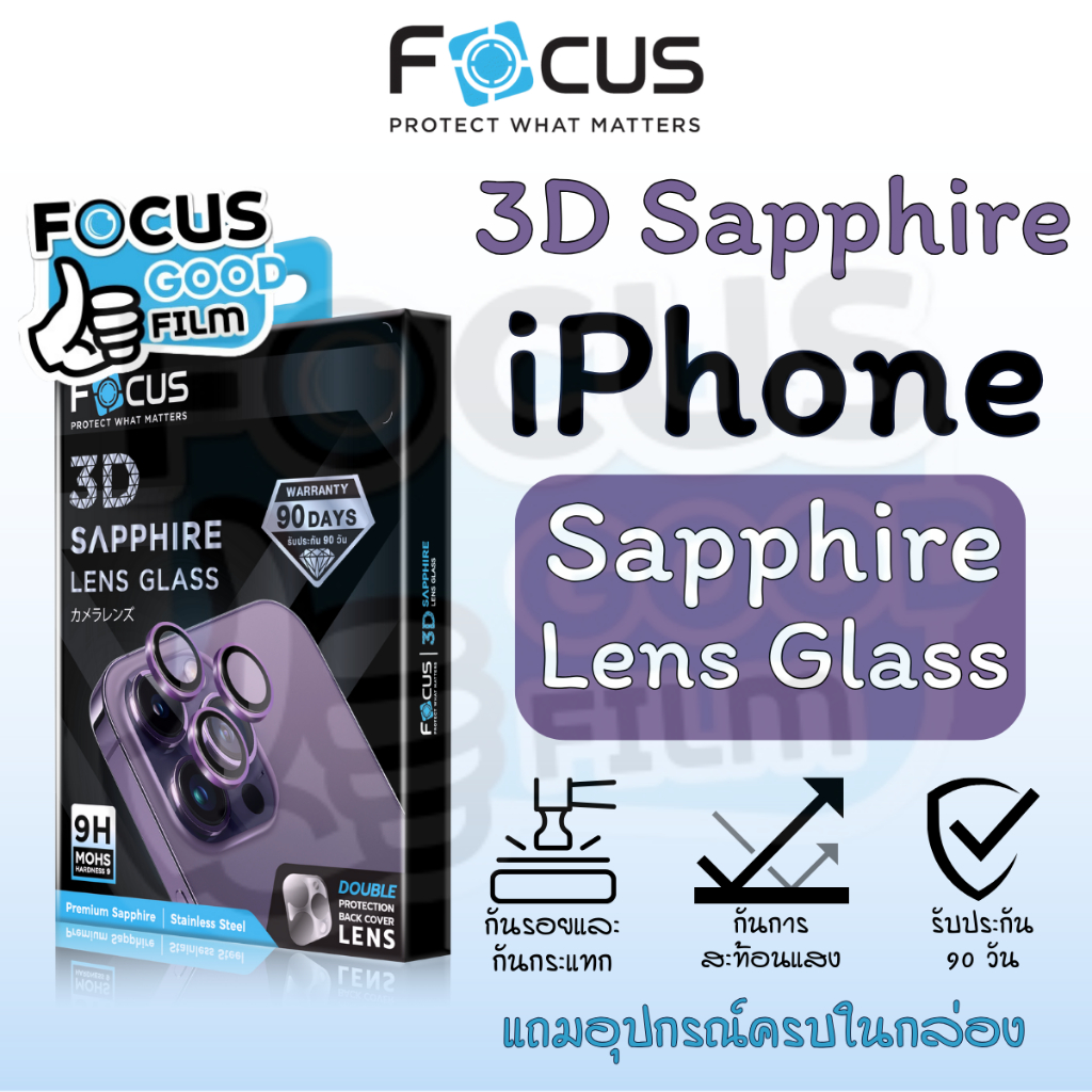 *ประกัน 90 วัน* แหวนกระจกเคลือบแซฟไฟร์ *3D Sapphire Lens Glass* Focus ของ iPhone 13 14 15Pro/ProMax