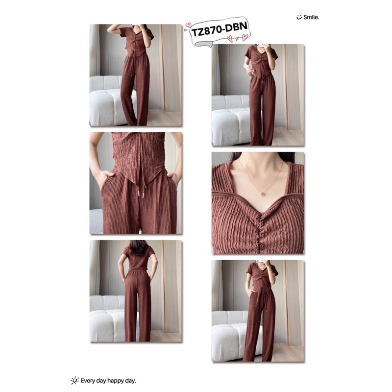 ชุดเซ็ต ผ้าเปลือกไม้ เสื้อผ่าหน้าจั้มอก + กางเกงขายาว - รูปที่ 3