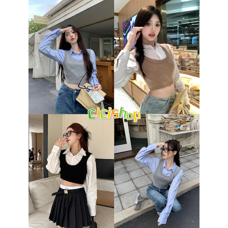 Cicishop(01067)เสื้อครอปดีไซน์เก๋ เชิ๊ตคอปกแขนยาว เย็บติดคู่กับเสื้อกล้ามไหมพรม