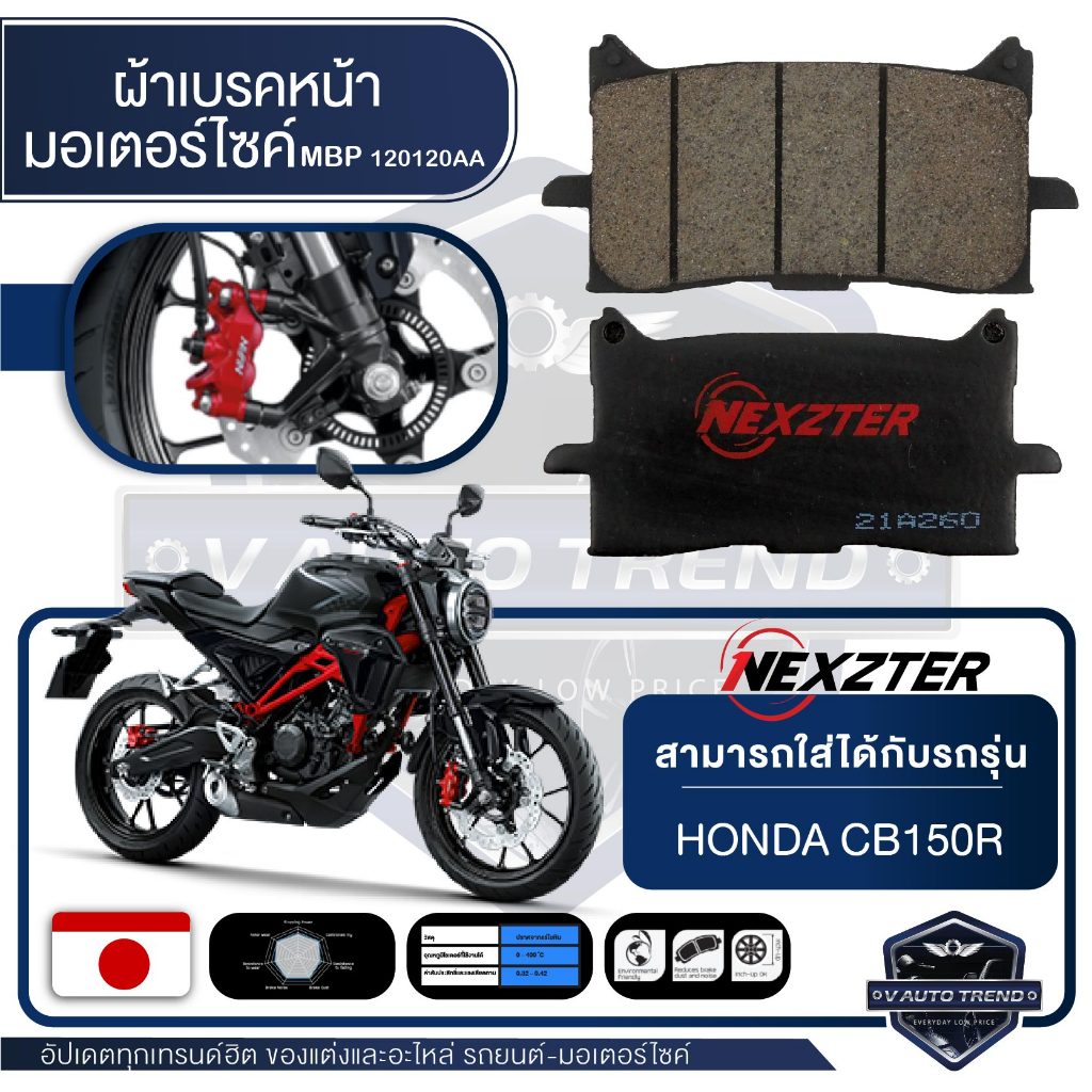 ผ้าเบรคหน้า NEXZTER เบอร์ 120120AA สำหรับ HONDA CB150R เบรค ผ้าเบรค ผ้าเบรคมอเตอร์ไซค์ อะไหล่มอไซค์