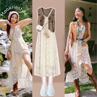 Mookrinstyle เดรสสายเดี่ยวโบฮีเมียน แต่งลูกไม้ แมทช์ผ้าระบาย…
