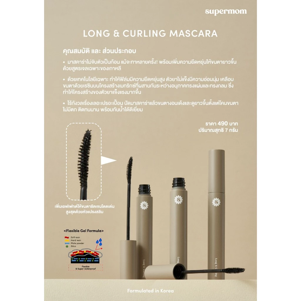 SUPERMOM l LONG & CURLING MASCARA มาสคาร่า เนื้อมัลติเจล สูตรเกาหลี ขนตายาว ติดทนนาน กันน้ำกันเหงื่อ VEGAN ปริมาณ 7 กรัม thumbnail 4