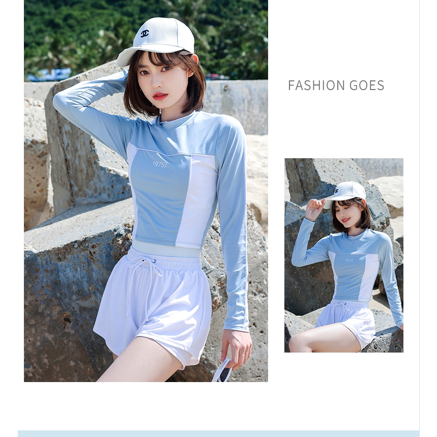 ชุดว่ายน้ําหญิง ชุดว่ายน้ํากีฬา ชุดว่ายน้ำ เสื้อแขนยาว ผ้ามืออาชีพ  อนุรักษ์นิยมเอวสูง 19757