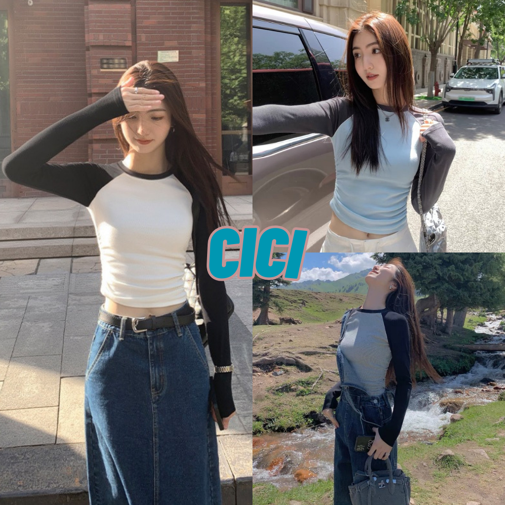 ส่งทันที Cici(NO. 3618)เสื้อครอปแขนยาวคอกลม ดีเทลจั้มด้านข้าง สีพื้น เนื้อผ้าใส่สบายสไตล์เรียบง่าย