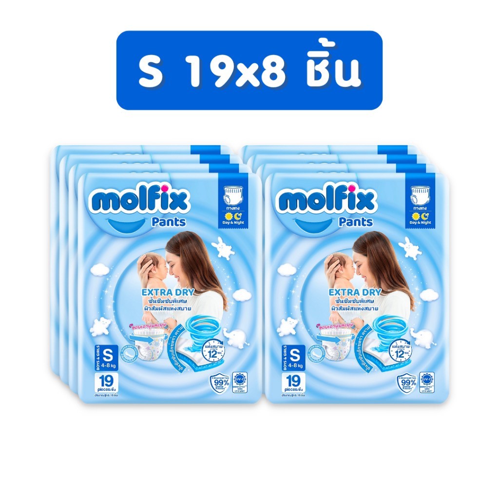 สินค้าลดล้างสต๊อก!! (ยกลัง8ห่อเล็ก) Molfix ผ้าอ้อมเด็ก โมลฟิกซ์ เอ็กซ์ตร้า ดราย แพ้นส์ ไซส์ S-XXL อ่านรายละเอียดก่อนซื้อ