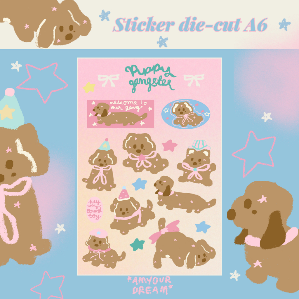 Puppy gangster Sticker สติกเกอร์ไดคัท กันน้ำ ลายน้องหมา ดัชชุน น่ารัก พร้อมตกแต่ง ขนาด A6 by amyourdream