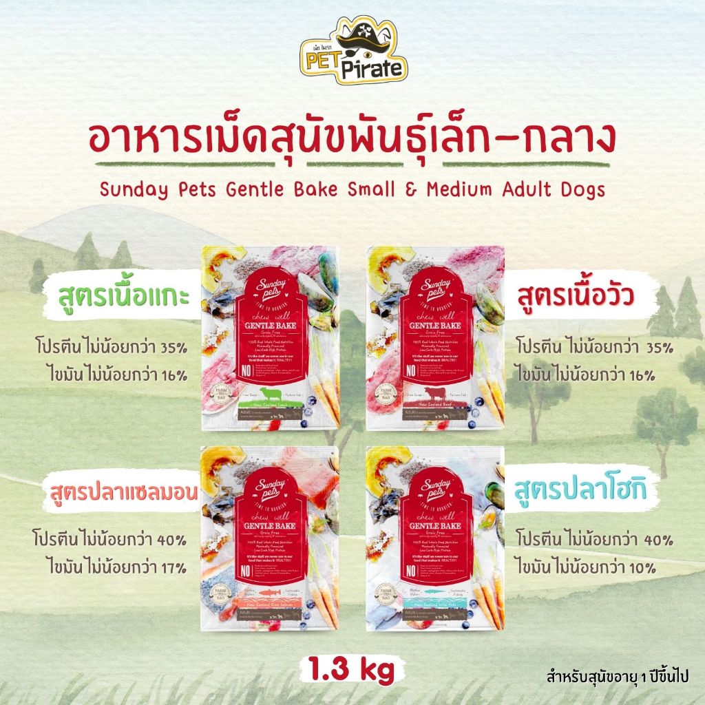 Sunday pets GENTLE BAKE Grain Free Adult อาหารเม็ดสำหรับสุนัขโต พันธุ์เล็ก-กลาง โปรตีนสูง ไม่มีธัญพื