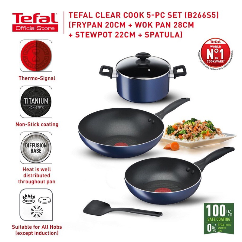 TEFAL ชุดกระทะ Clean Cook 5 ชิ้น กระทะ 2 ชิ้น + หม้อพร้อมฝาแก้ว + ตะหลิว รุ่น B266S595