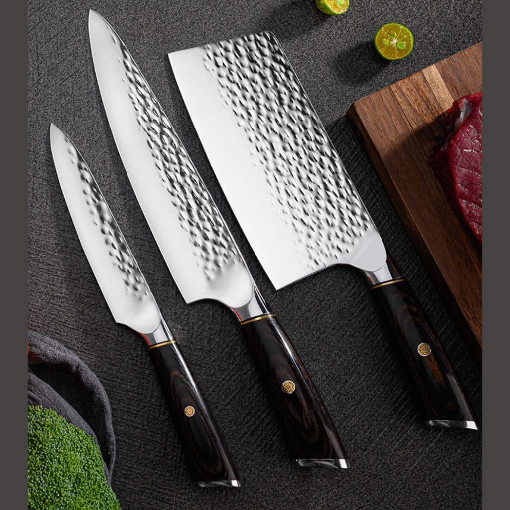 3 PCS Japanese knife set ชุดมีดทำครัวลายหัวค้อน สไตล์ญี่ปุ่น ด้ามไม้ Pakka wood พรีเมี่ยมเกรด สวยงาม หรูหรา สินค้าคุณภาพ