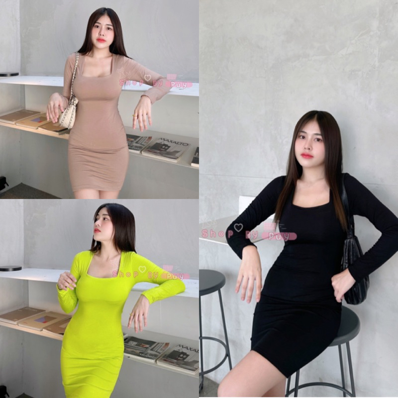 เดรสคอเหลี่ยมแขนยาวเรยอนอย่างดี