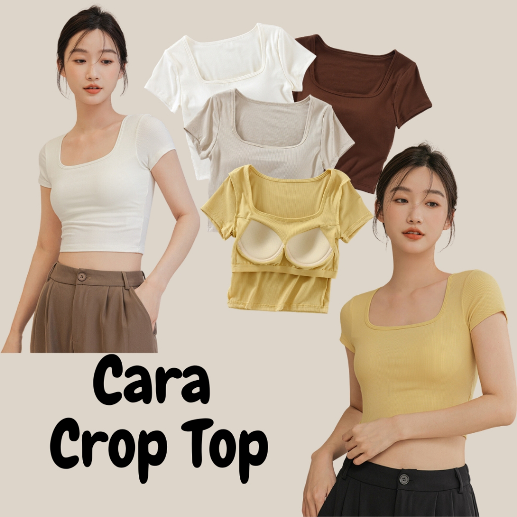 Cara Crop Top เสื้อยืดครอปสั้น คอรูปตัวยู แขนสั้น มีซัพฟองน้ำ 2in1 มีบราในตัว
