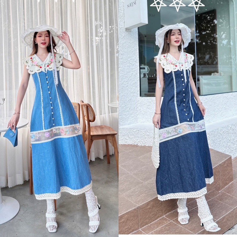 (❌+1ไซส์❌) เดรสยีนส์ คอปก งานปัก ชายปัก สวยมากๆ งานป้าย bo rich ta