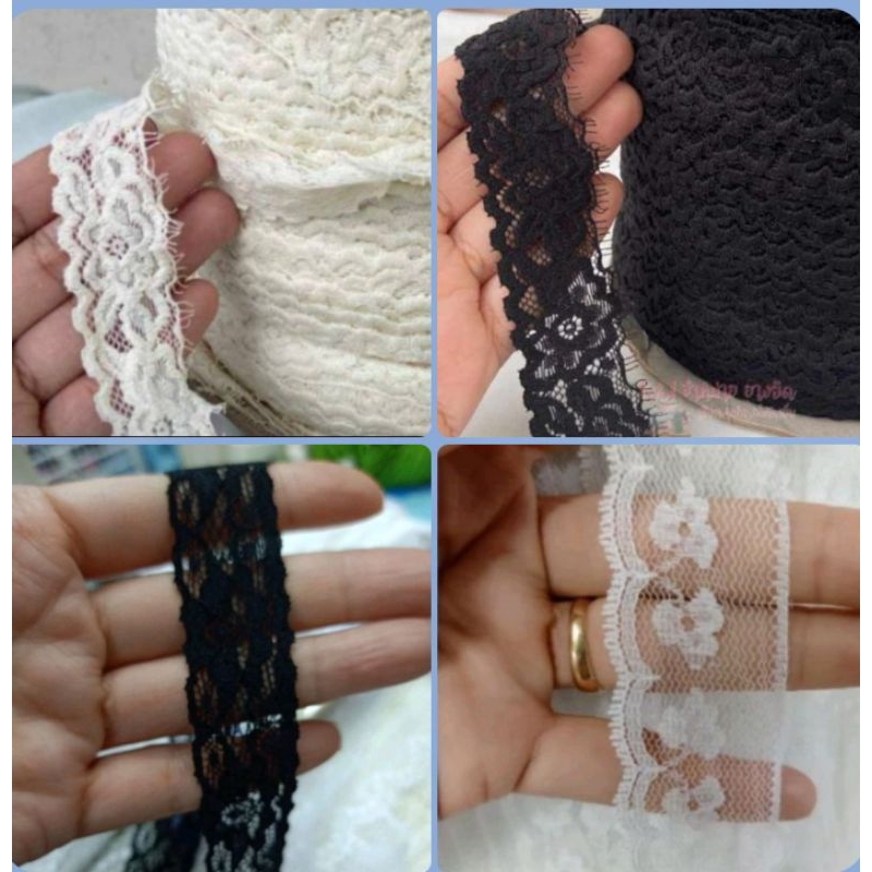 ลูกไม้สีขาว  ดำ  ครีม ม่วง กากี ขี้ม้า น้ำตาล เมตรละ 8 บาท