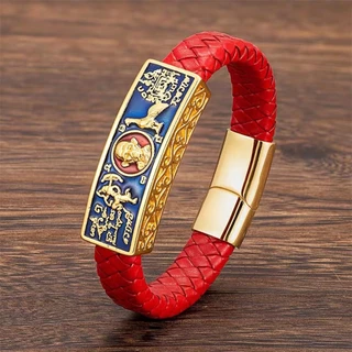 กำไลข้อมือ สร้อยข้อมือหนังถักพร้อมหัวเลส หลวงพ่อรวย ท้าวเวสสุวรรณ พญานาค (รำรวย แคล้วคาด ปกป้องคุ้มครอง ป้องกันภัย)