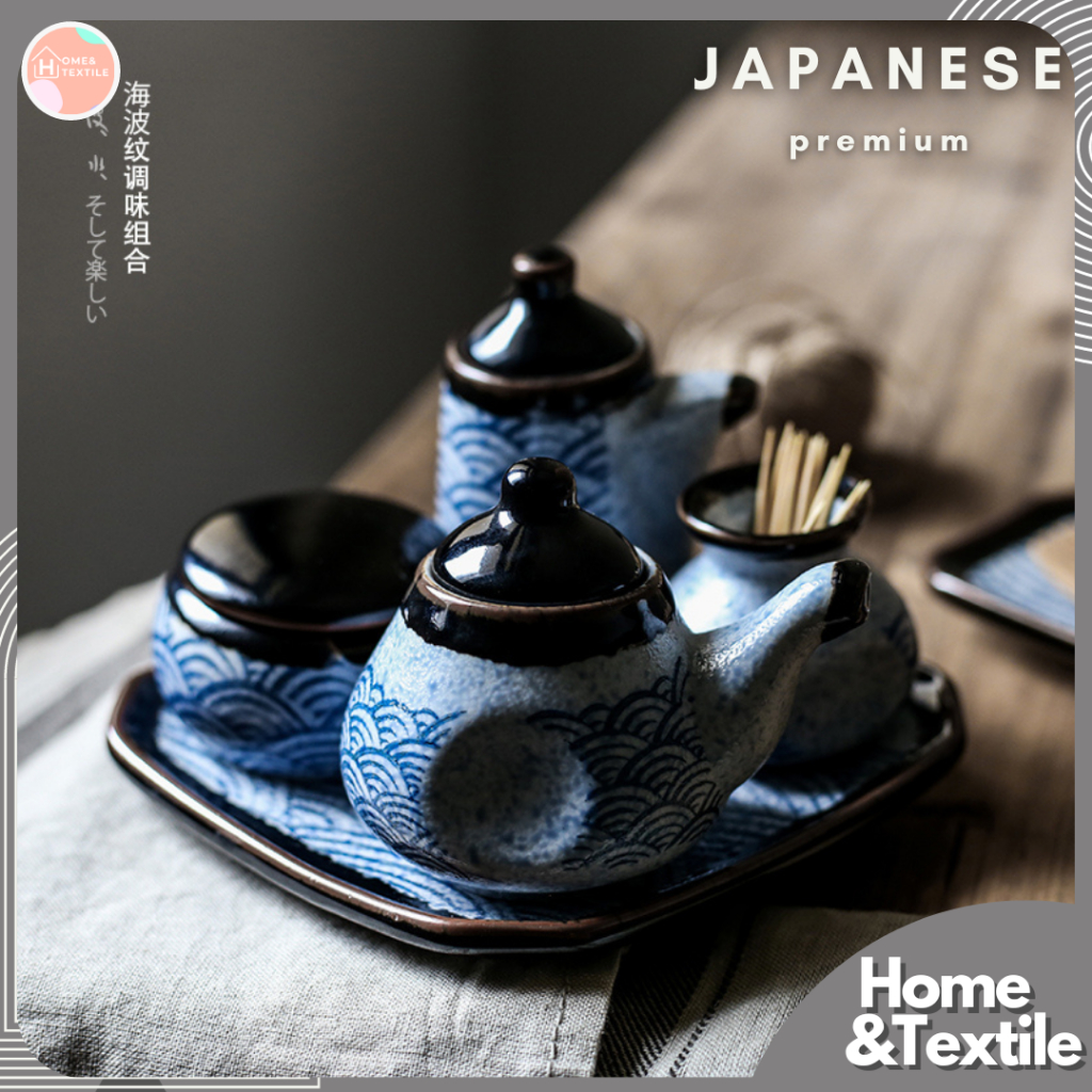 【Premium Japanese】ชุดเครื่องปรุงเนื้อเซรามิค ลายคลื่น สไตล์ญี่ปุ่น
