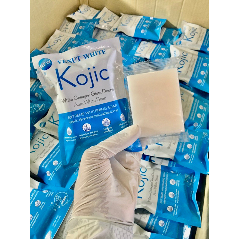 Kojic white soap สบู่โกจิไวท์ กลูต้า คอลลาเจน ดับเบิ้ล ออร่า โซฟ (สบู่โกจิซองฟ้าขาว 80กรัม)
