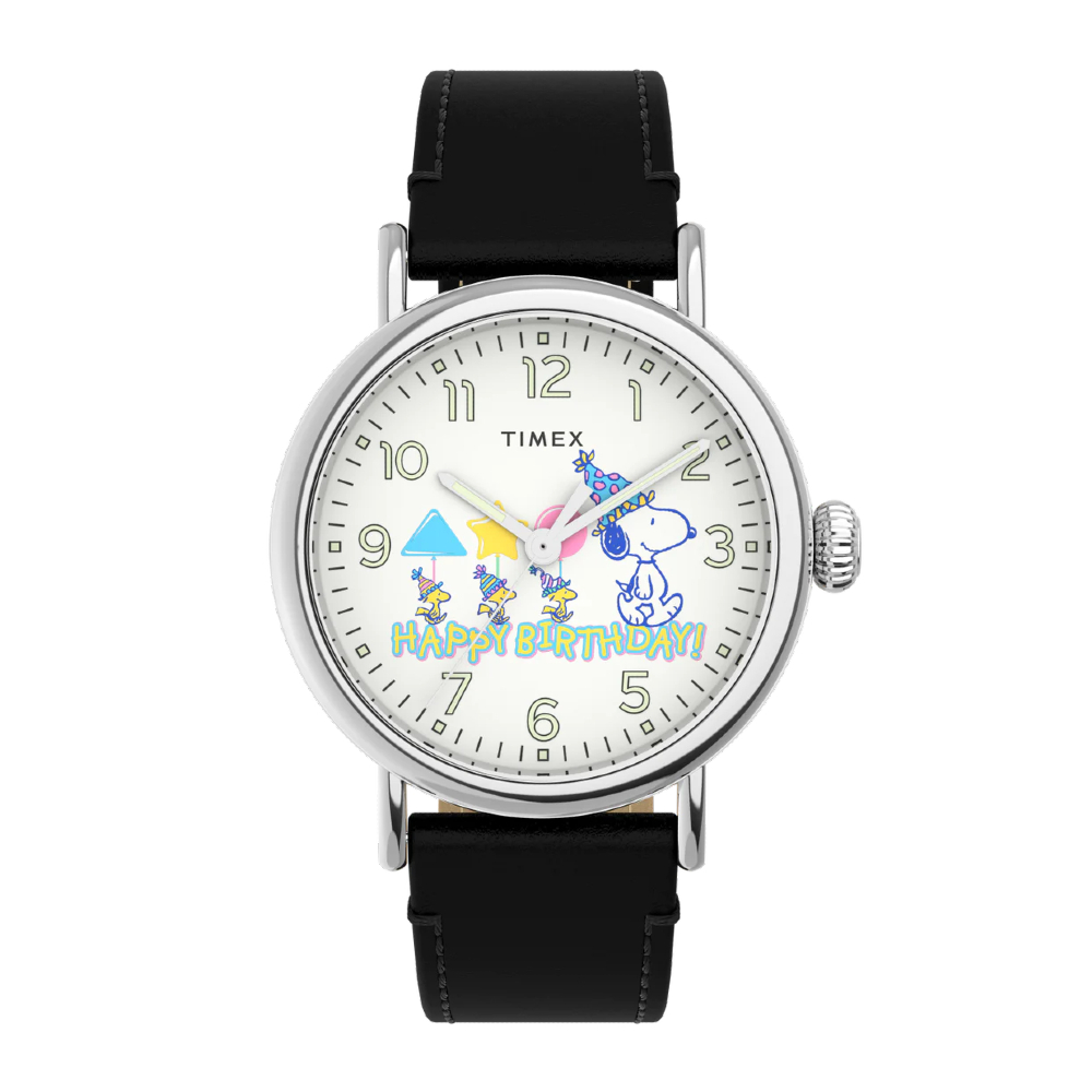 TIMEX TW2V61000 Standard x Peanuts Featuring Snoopy Happy Birthday นาฬิกาข้อมือผู้ชาย สายหนัง สีดำ ห