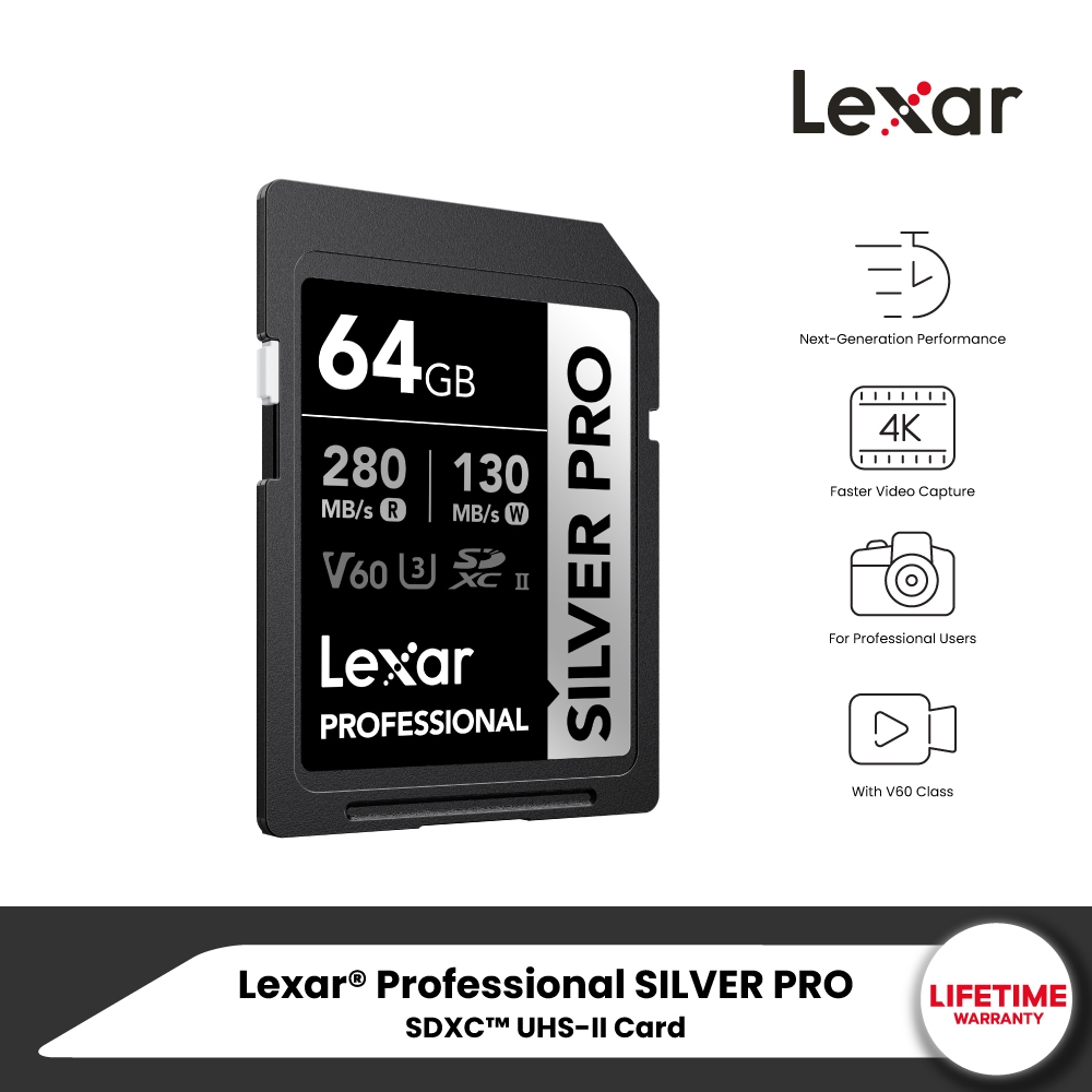 Lexar SILVER PRO 64GB UHS-II U3 V60 SD Card (เอสดีการ์ด) Full-HD 3D 4K RW280/130MB/s (LSDSIPR064G) เมมโมรี่การ์ด