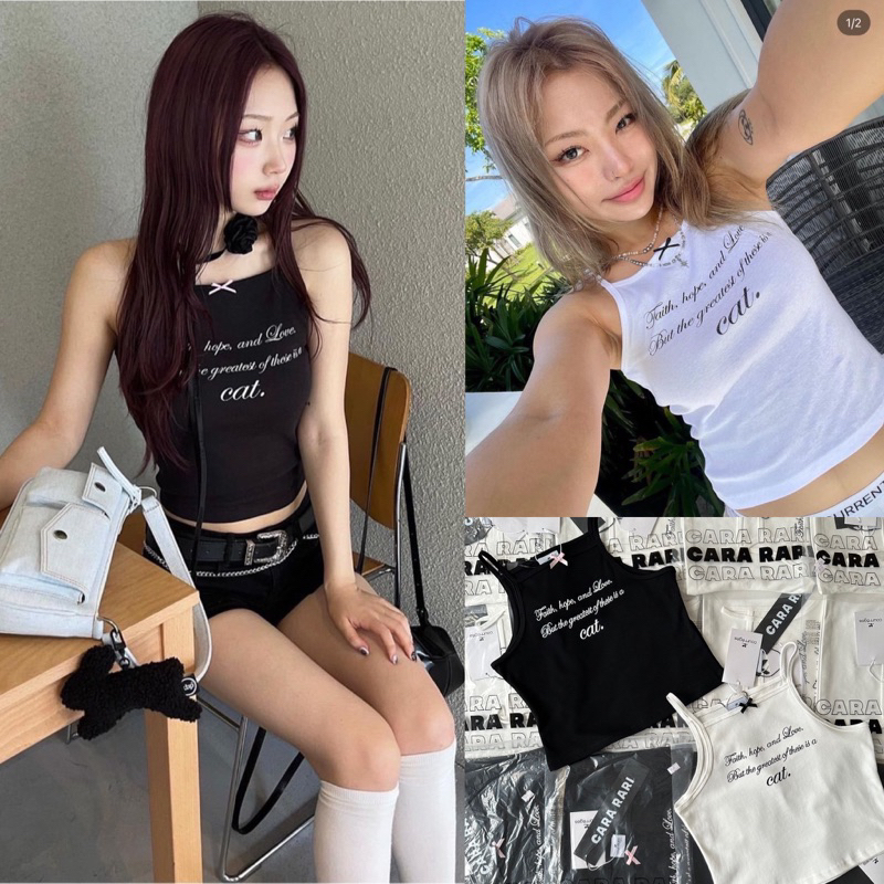 CRG CAT RIBBON TANK TOP 🩶🎀 เสื้อครอปสายเดี่ยว ดีเทลแต่งโบว์จิ๋ว สกรีนสวย รุ่นฮิตพส.เกาหลีใส่กันเยอะ 