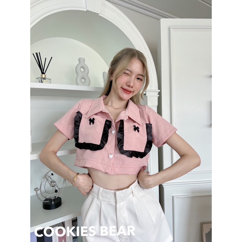 เสื้อครอปผ้าทอ cookies bear สีชมพู