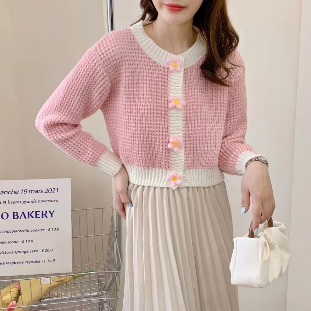 เสื้อคลุมไหมพรมแขนยาว เสื้อคาร์ดิแกนกันหนาว (คอกลม) กระดุมดอกไม้