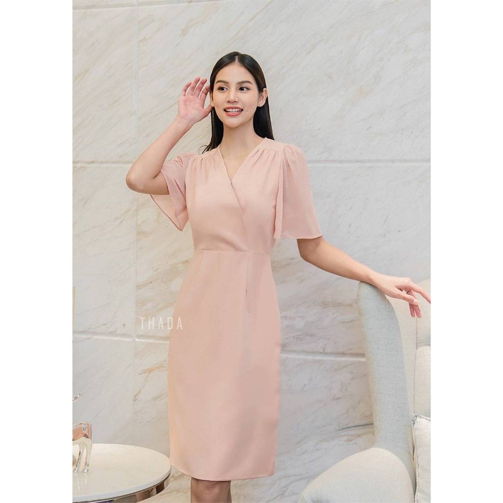 TD036_เดรสคอวีป้ายแขนระบายชีฟอง (S.M.L.XL)
