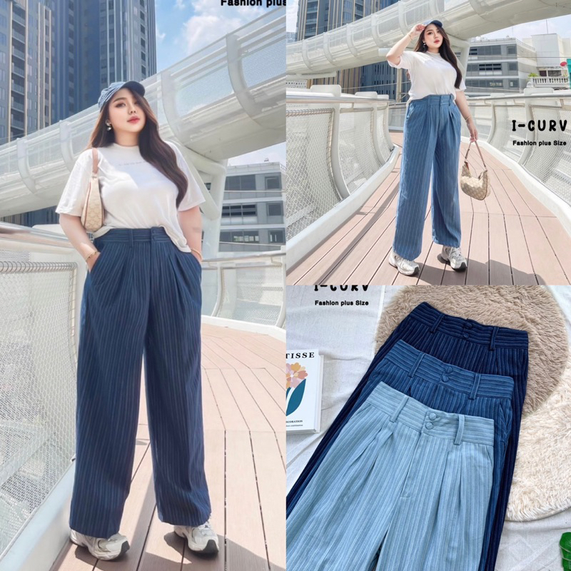 (LC) กางเกงยีนส์ขายาว เอวสูง ผ้าลายริ้ว แต่งกระดุม 2 เม็ด เสื้อผ้าสาวอวบอ้วน พลัสไซส์ ไซส์ใหญ่