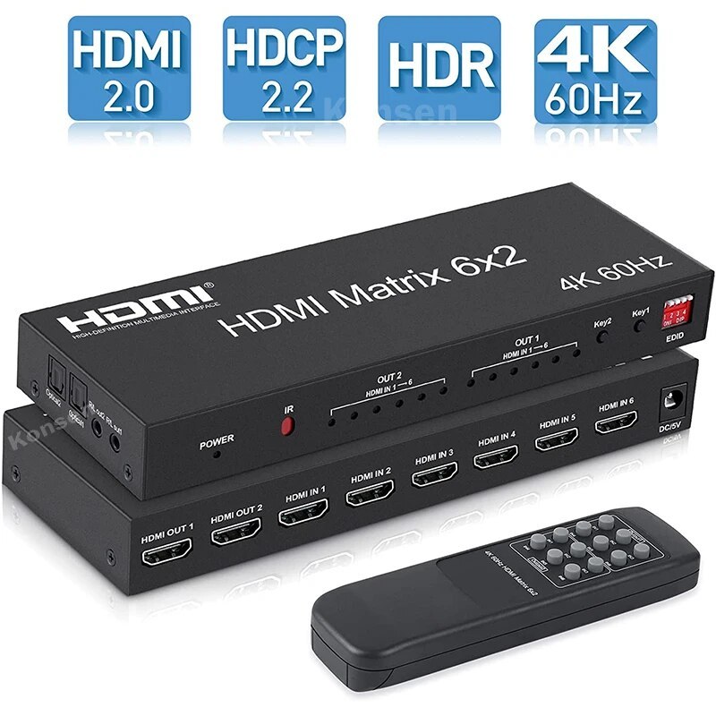 6x2 HDMI Matrix สวิตช์4K 60Hz HDMI Matrix 6อิน2เอาท์พุทวิดีโอแยกพร้อมเครื่องแยกสัญญาณเสียงแสง r/l สำ