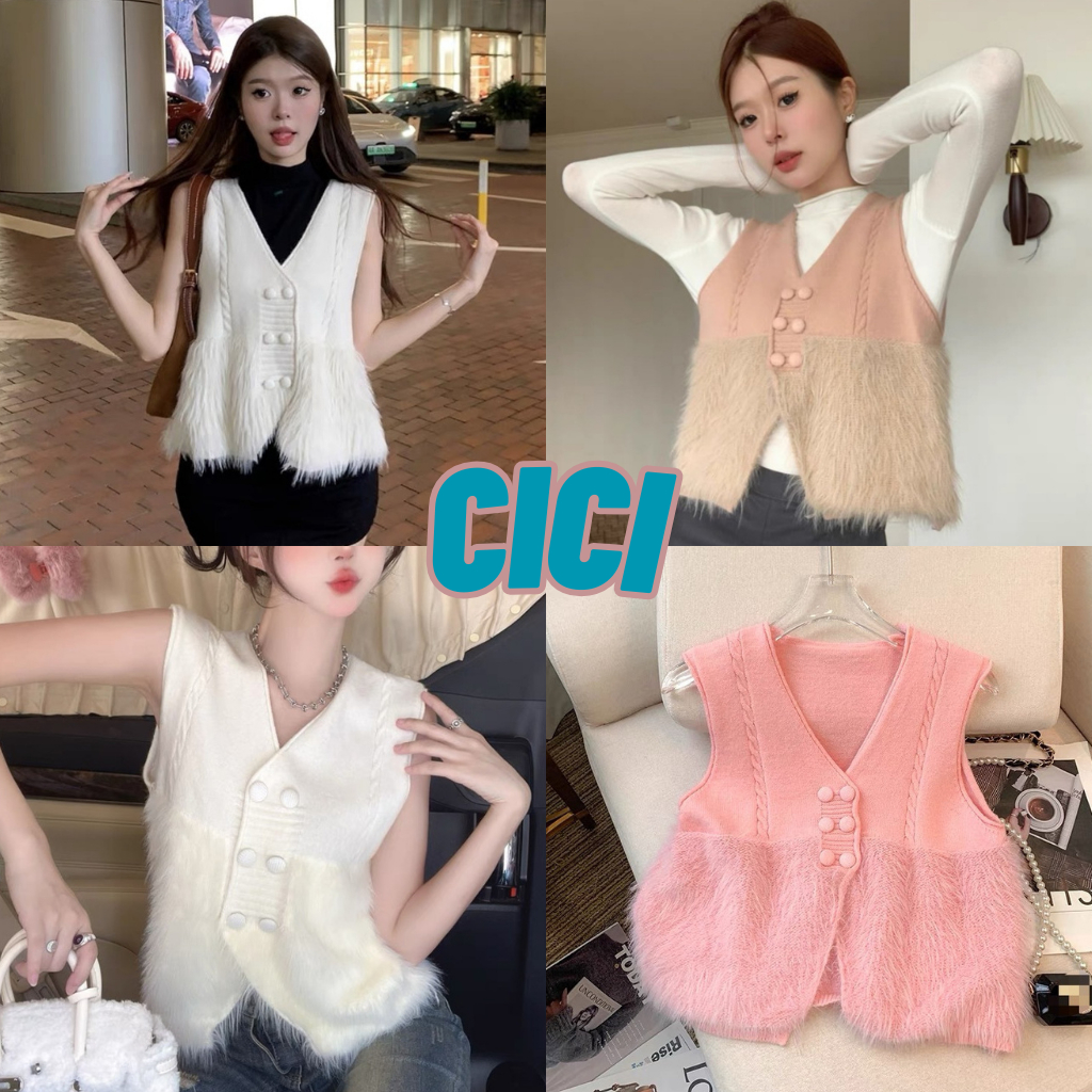 ส่งทันที Cici(NO. Y1802)เสื้อกั๊กไหมพรมคอวี กระดุมหน้า ดีเทลขนมิ้งค์ สไตล์เกาหลีเกาใจ