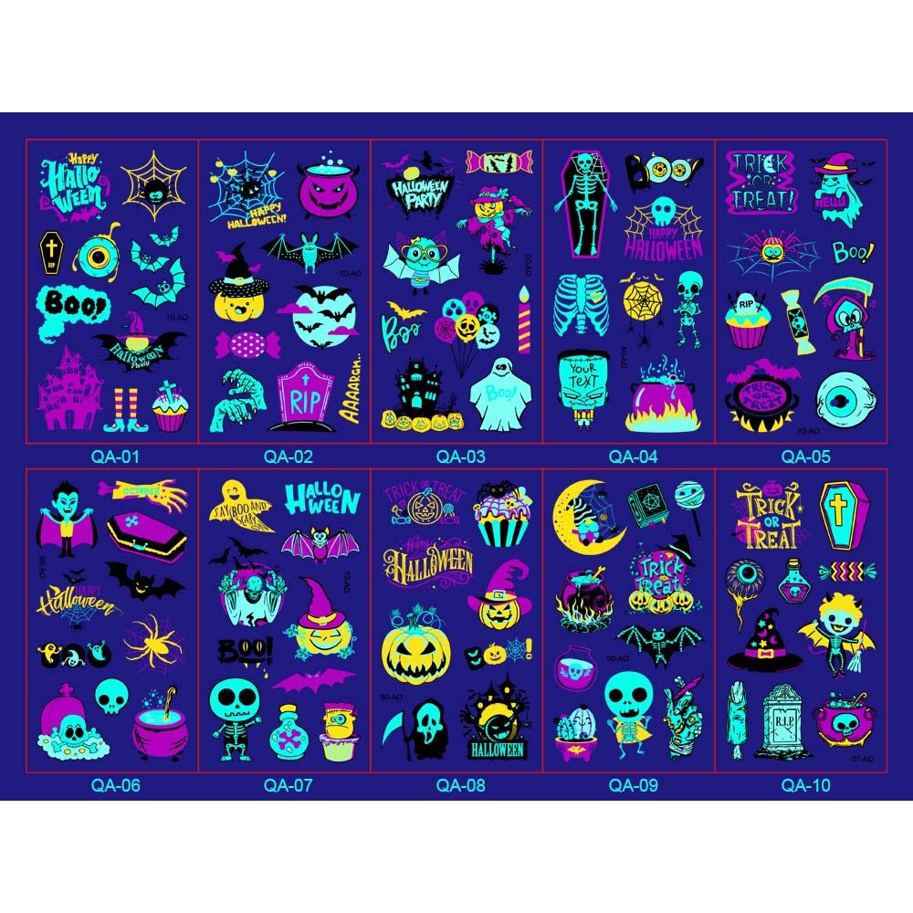 QA 69x120mm แทททูเรืองแสง แทคทูฮาโลวีน แทททู แม่มด แมงมุม ฝักทอง แวมไพร์ ฮาโลวีน Halloween Luminate Temporary Tattoo