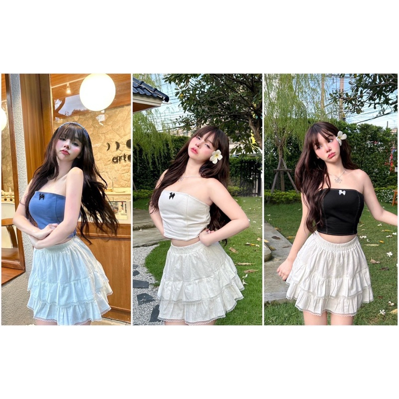 Nusa Style เสื้อเกาะอก ผ้ายีนส์ แต่งโบว์น้อย ฟิวส์สาวเวียดนาม เสื้อผ้าผู้หญิง