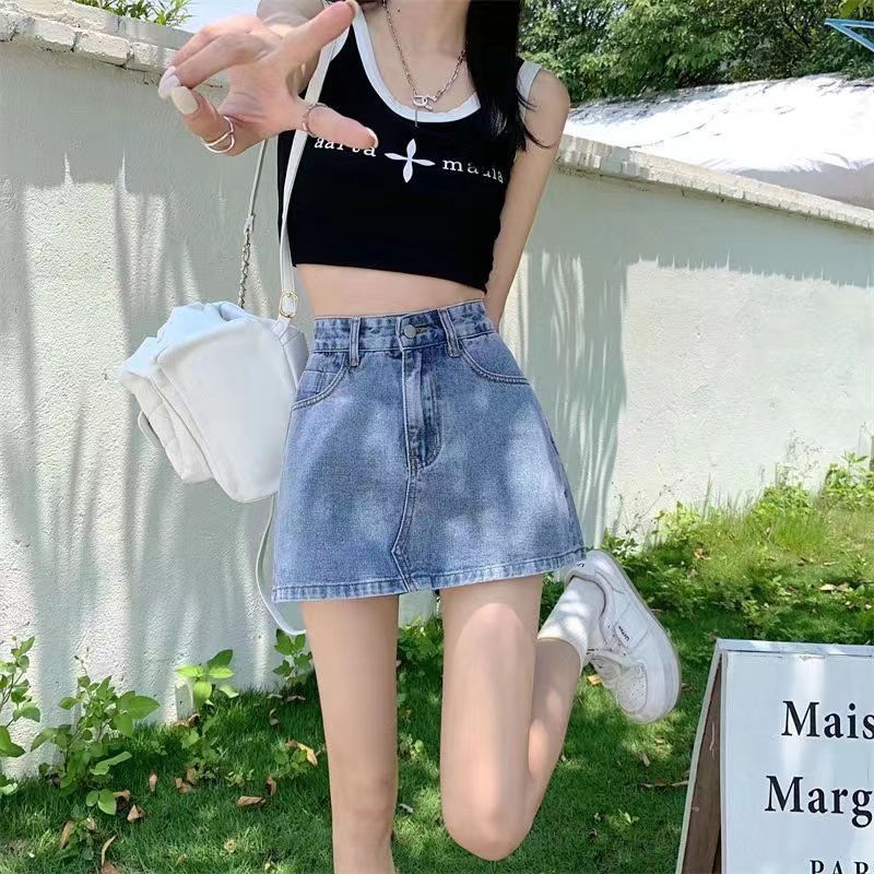 TAIWEI กางเกงยีนส์ขาสั้น กระโปรงปลอมสองชิ้นของผู้หญิงเอวสูงเกาหลี ใหม่กางเกงกระโปรงขาสั้น แบบกระดุม 