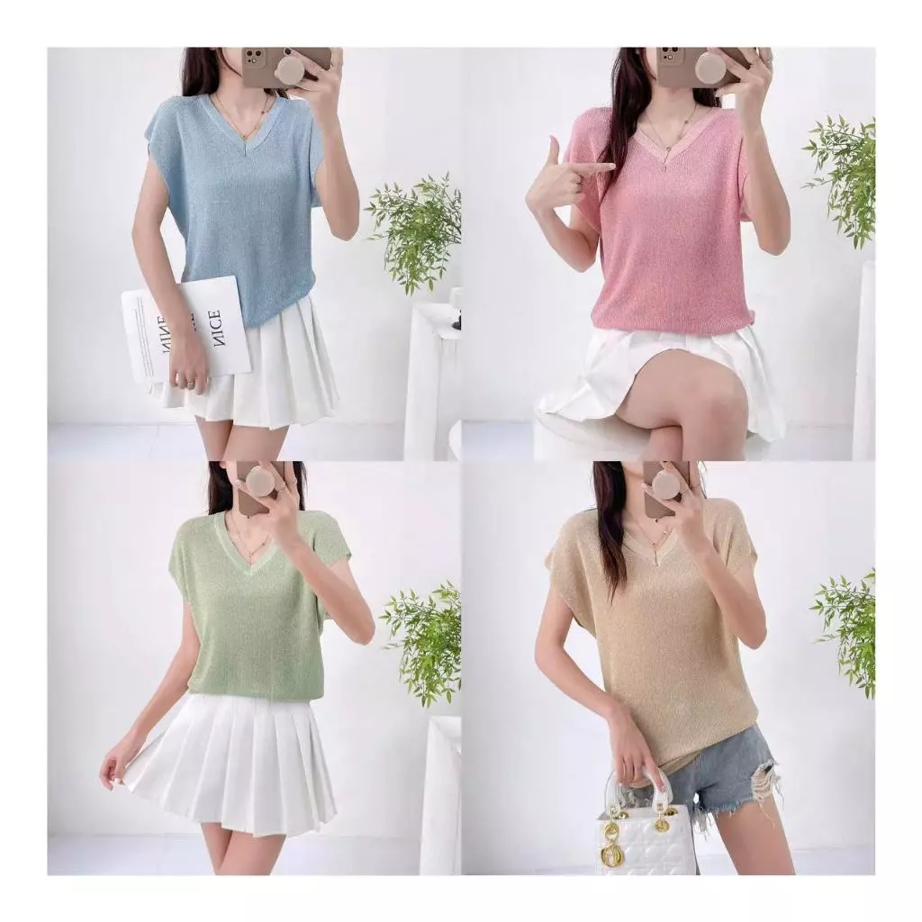 เสื้อไหมพรมผสมดิ้นเงินดิ้นทอง คอวี รุ่นแขนล้ำ นิ่ม ใส่สบาย แมทกับอะไรก็สวยงาม ใส่เที่ยวใส่ลำลองได้หมด296#