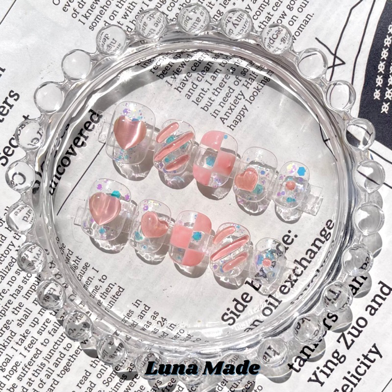 LUNAMADE 🍑 เล็บเจบปลอมสำเร็จรูป เจลแท้ 100% ลายนูน น่ารัก สีพีชๆ 🍑 เลือกขนาดได้  กรุณาวัดไซส์ก่อนสั่ง
