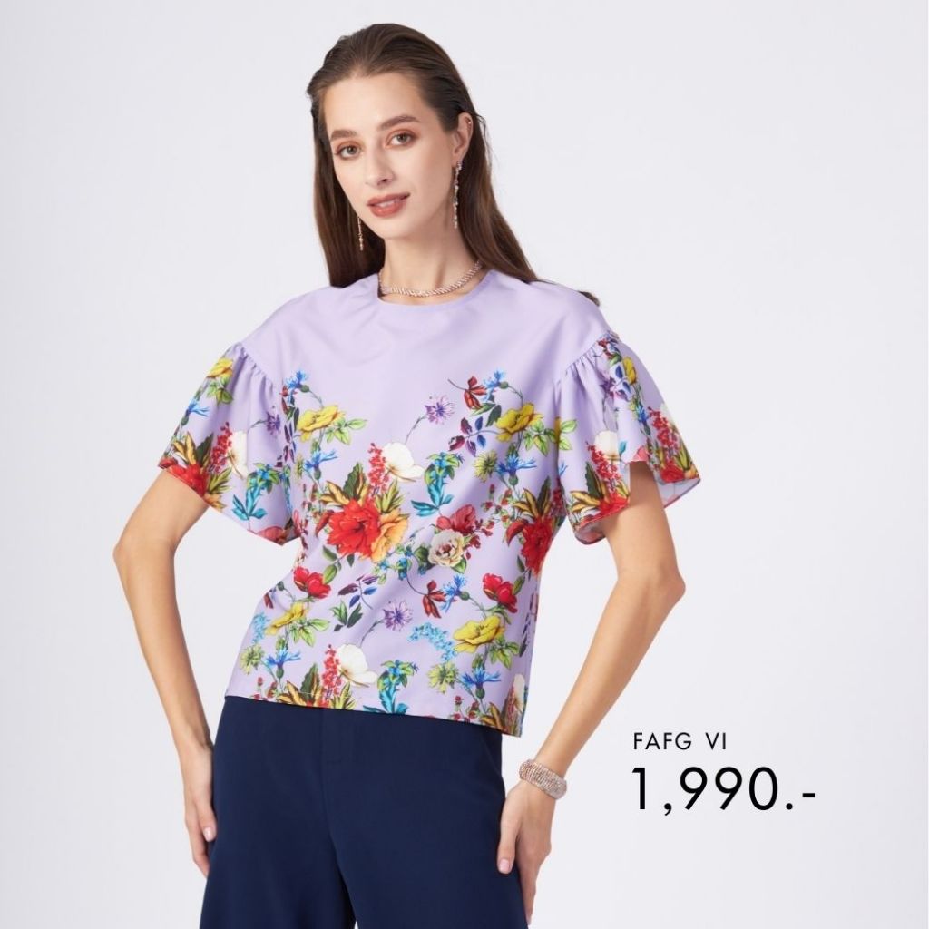 LOF-FI-CIEL Woman blouse Rose Quart Round neck ruffle sleeve short เสื้อผู้หญิง แขนสั้น ทรงหลวม สีม่วง FAFGVI