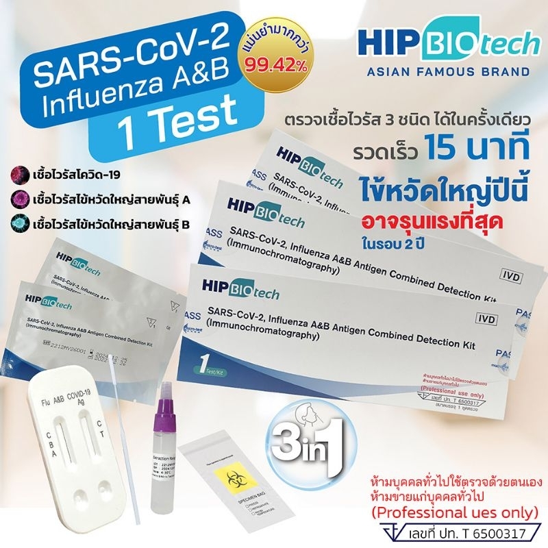 HIP 3in1 ชุดตรวจไข้หวัดใหญ่ สายพันธุ์​ Influ A​ และ​ B/ / โควิค​ Covid-19 ตรวจจับเชื้อไวรัส