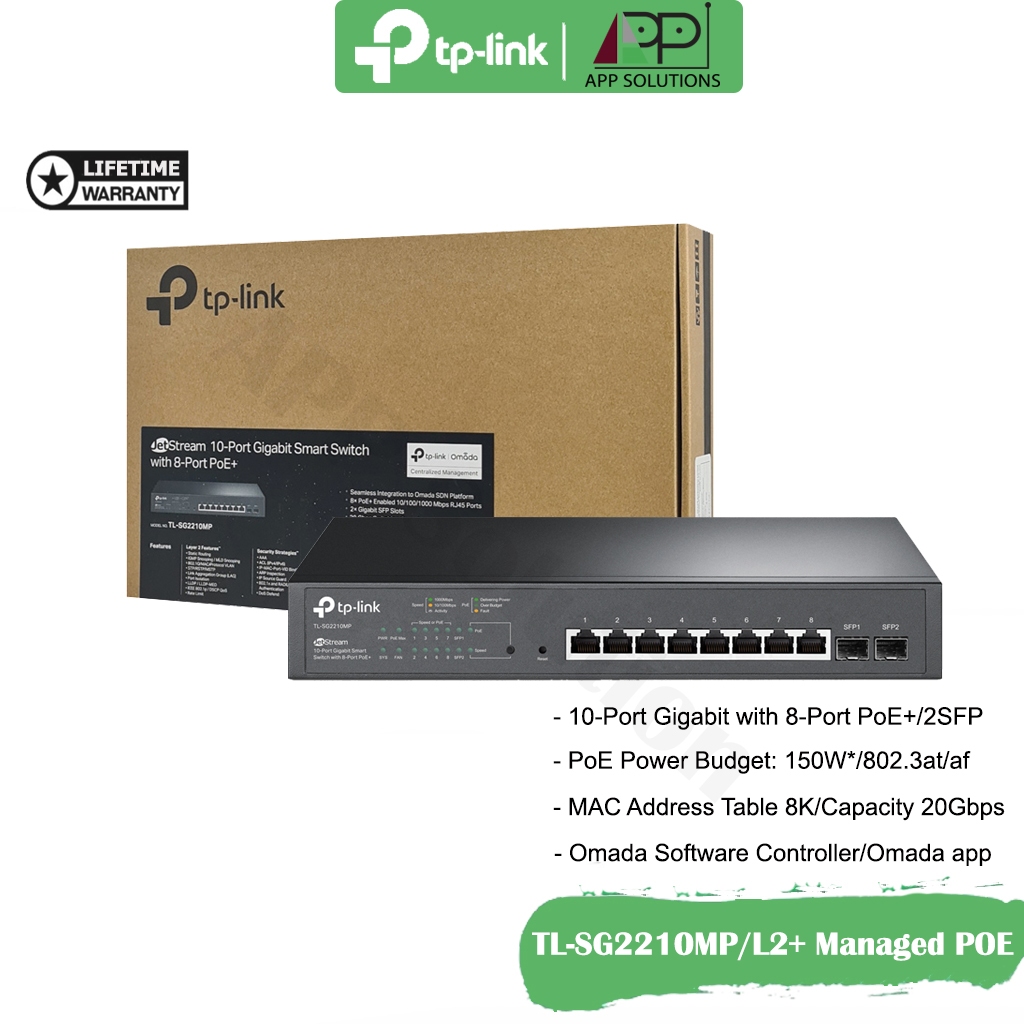 TP-LINK(สวิตซ์ฮับ)Managed L2+ Switch POE 8Port+2SFP รุ่นSG2210MP(ประกันLifetime)