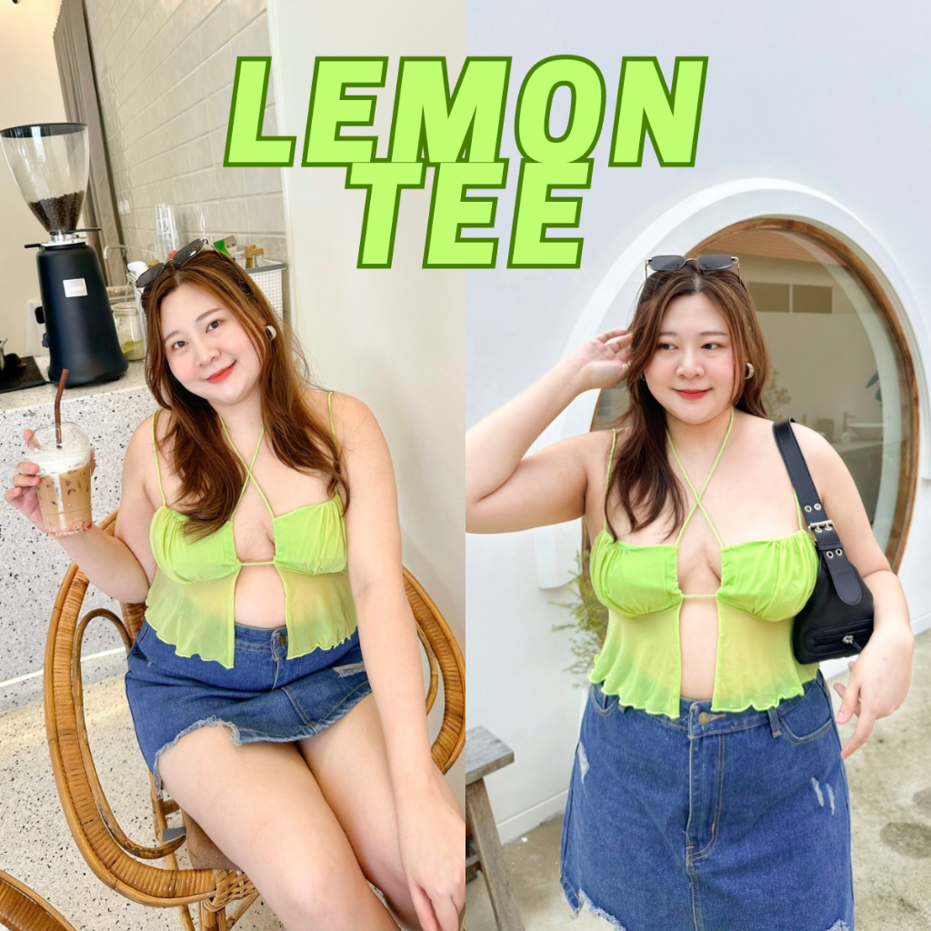 Jelly Lemon Tee เสื้อครอปสาวอวบสีเขียวเลมอนถักเชือกผูกคล้องคอ