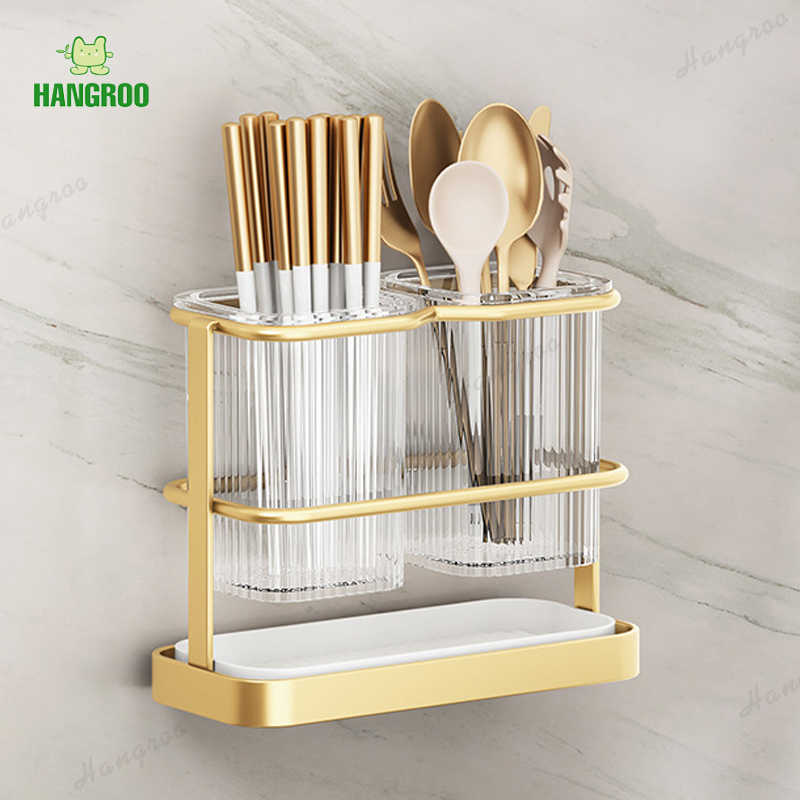 HANGROO H564 ที่ใส่ตะเกียบ เก็บช้อน ส้อม ติดผนังได้ ไม่ต้องเจาะ พร้อมถาดรองน้ำด้านล่าง